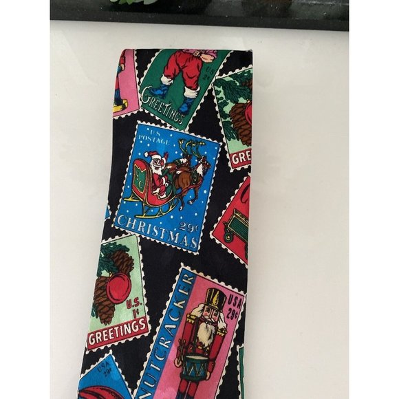Vintage Addiction 1991 Christmas Santa Postcard Tie 100% Silk Holiday Multi Wide - Picture 11 of 16